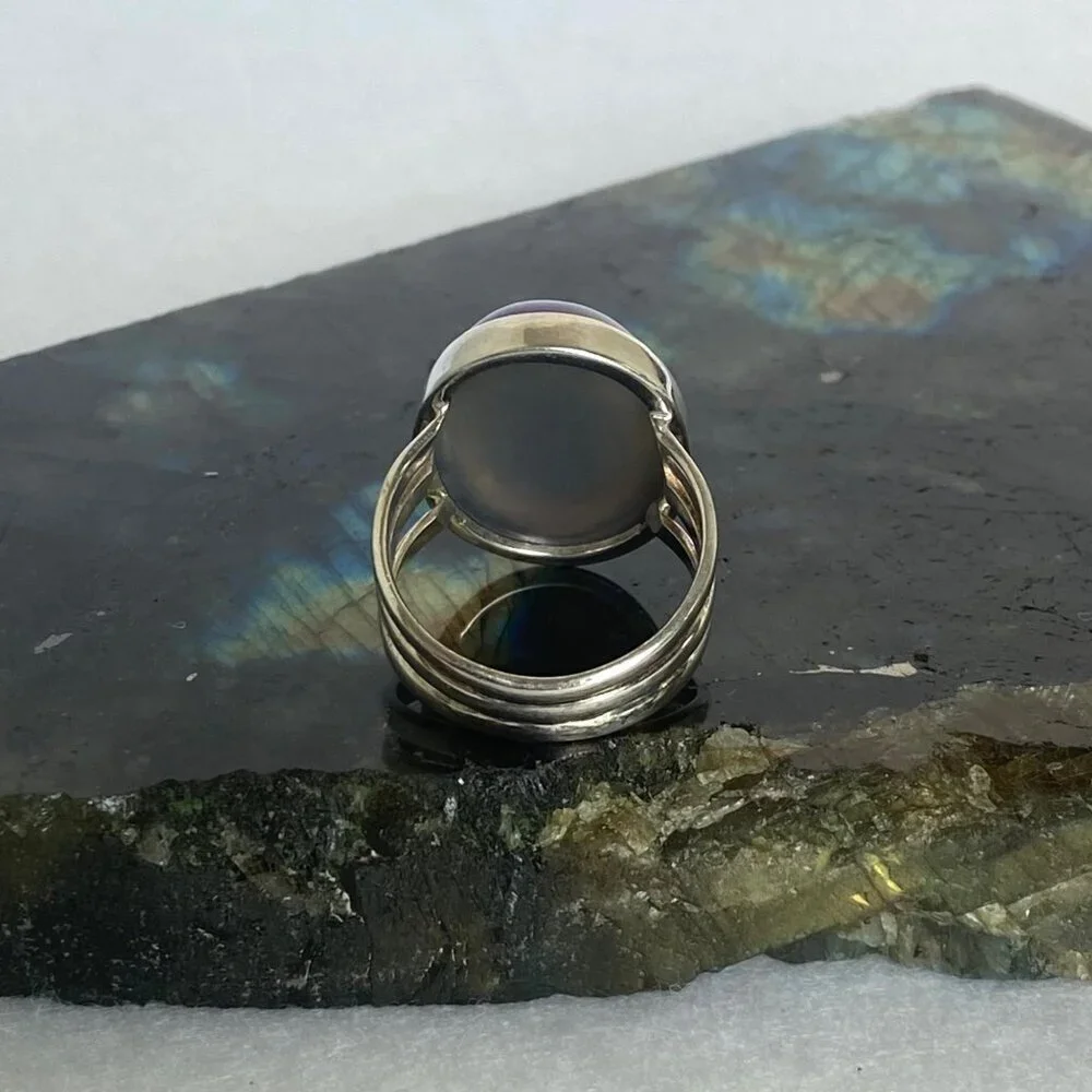 Sterling Silver 925 India Oval Blue Titanium Druzy Triple Band Ring Sz 7